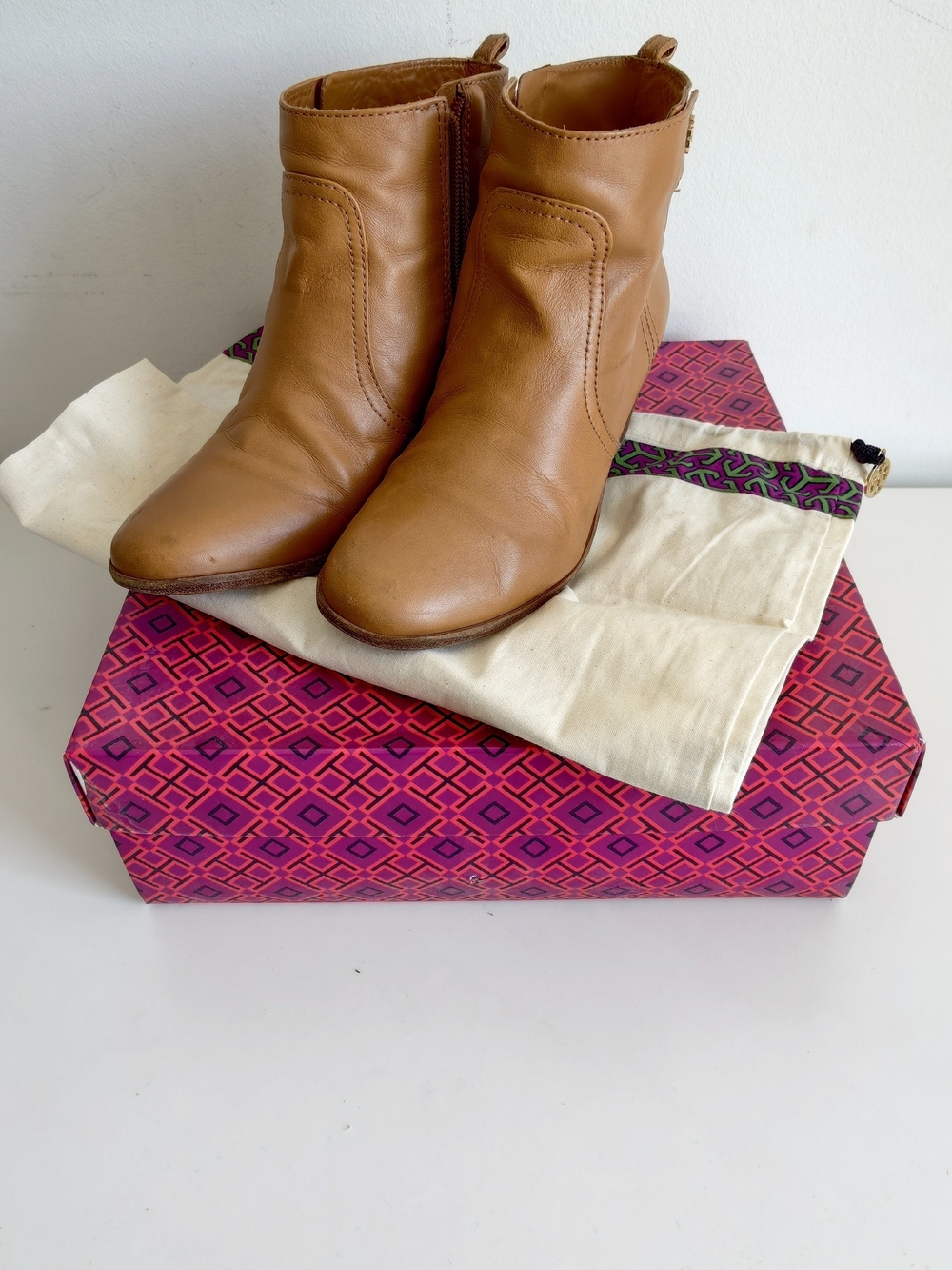 Tory Burch Women's Tan Leather Ankle Booties with Side Zip